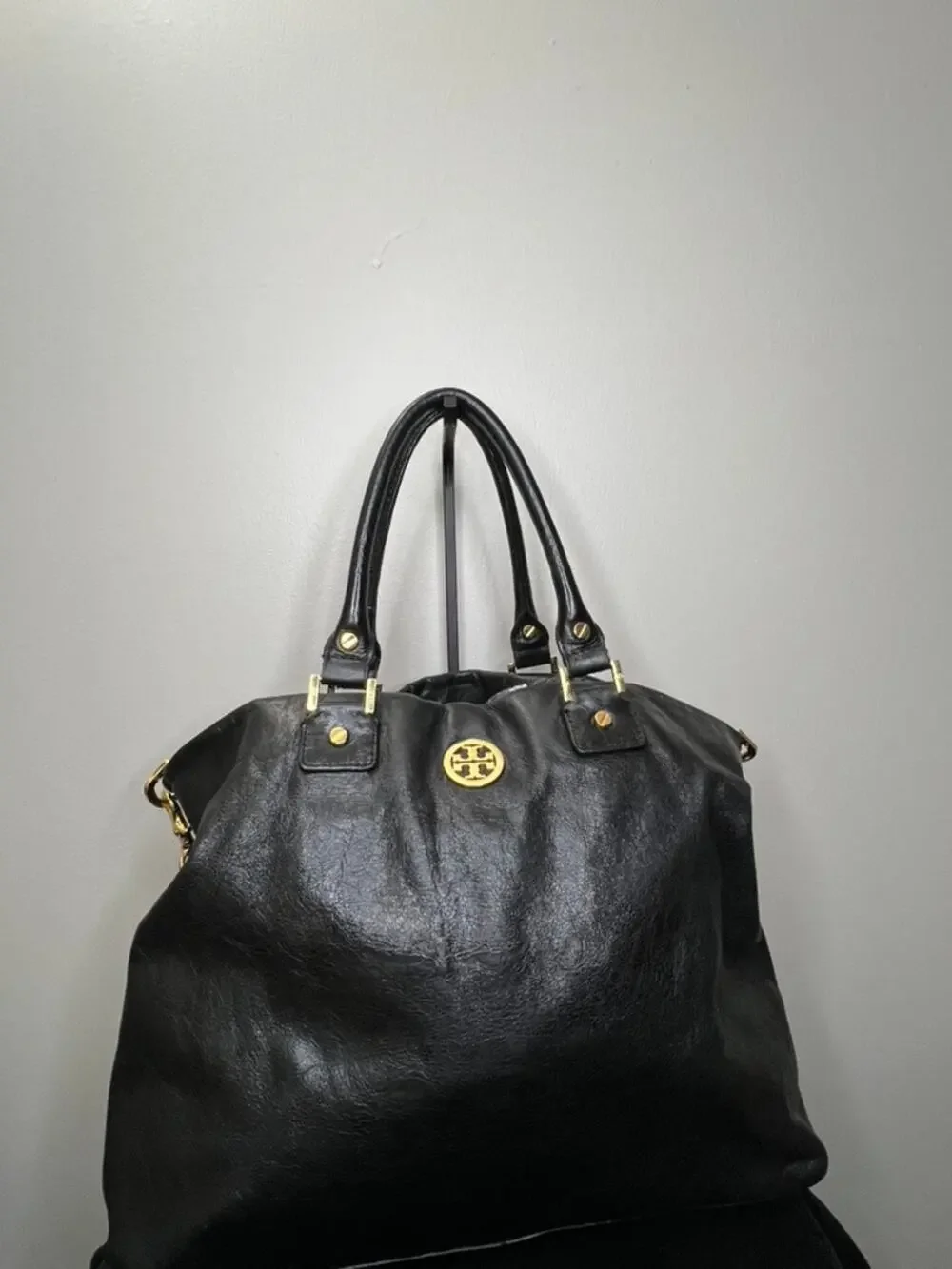 Tory Burch Black Pebbled Leather Large Slouch Tote Satchel Shoulder Bag